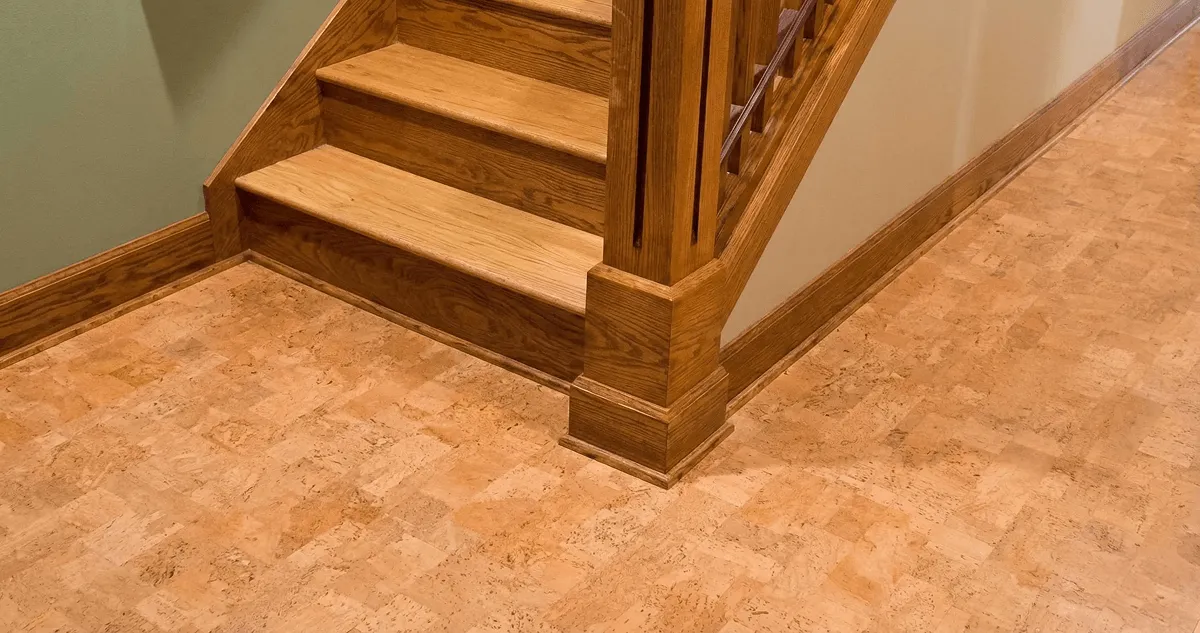 End of a staircase with cork flooring in Worcester, MA